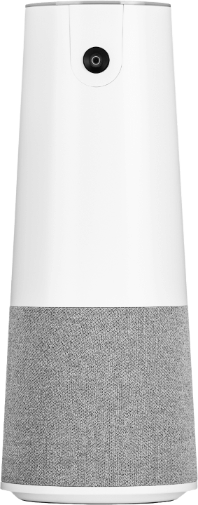 Zdjęcie prezentuje produkt IDCam z przodu. Produkt ma kształt ściętego stożka w kolorze biało-szarym. W górnej białej części urządzenia znajduje się obiektyw szerokokątnej kamery. Dolna, szara część urządzenia to dookólny głośnik.